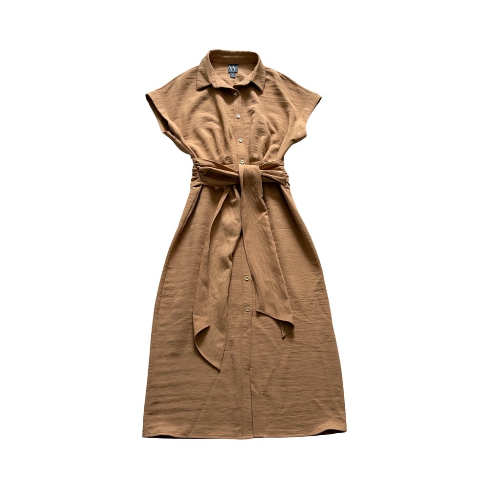 Worthington Tan Button-Front Midi Shirt Dress with Self-Tie Belt